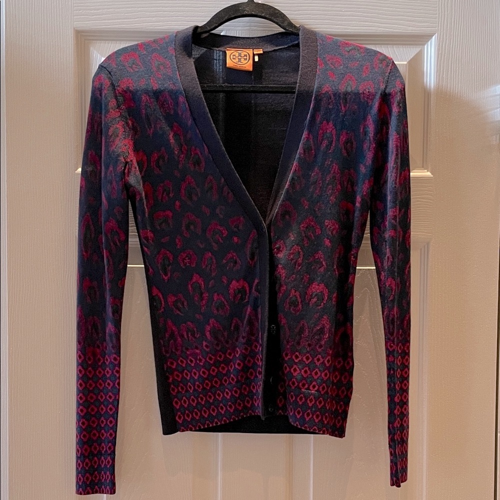 Tory Burch Red and Navy Blue Patterned Cardigan